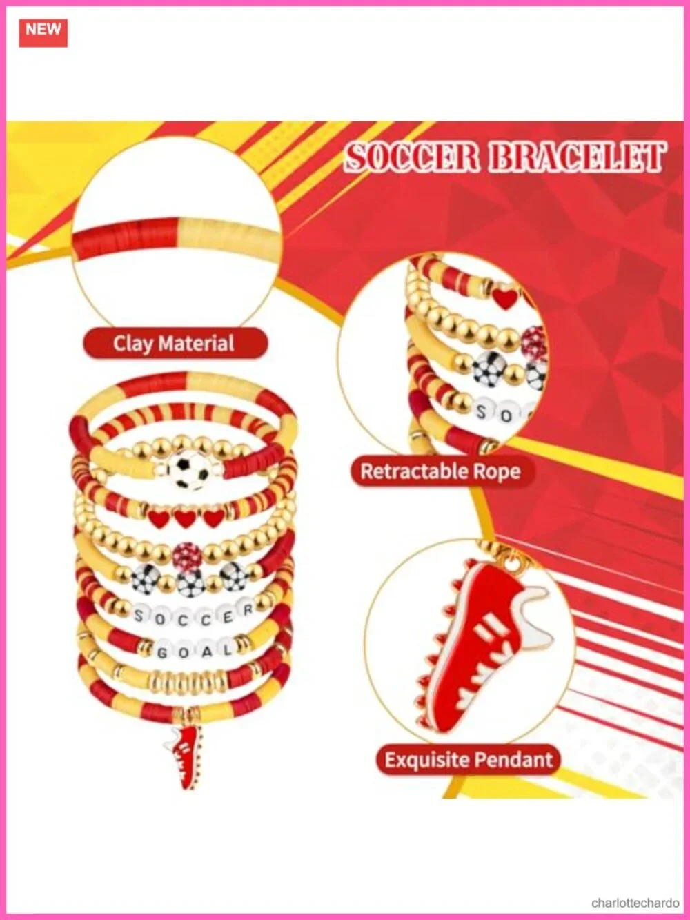 8Pc Soccer Clay Beaded Bracelet Set Stackable Goal Charm Stretch Jewelry